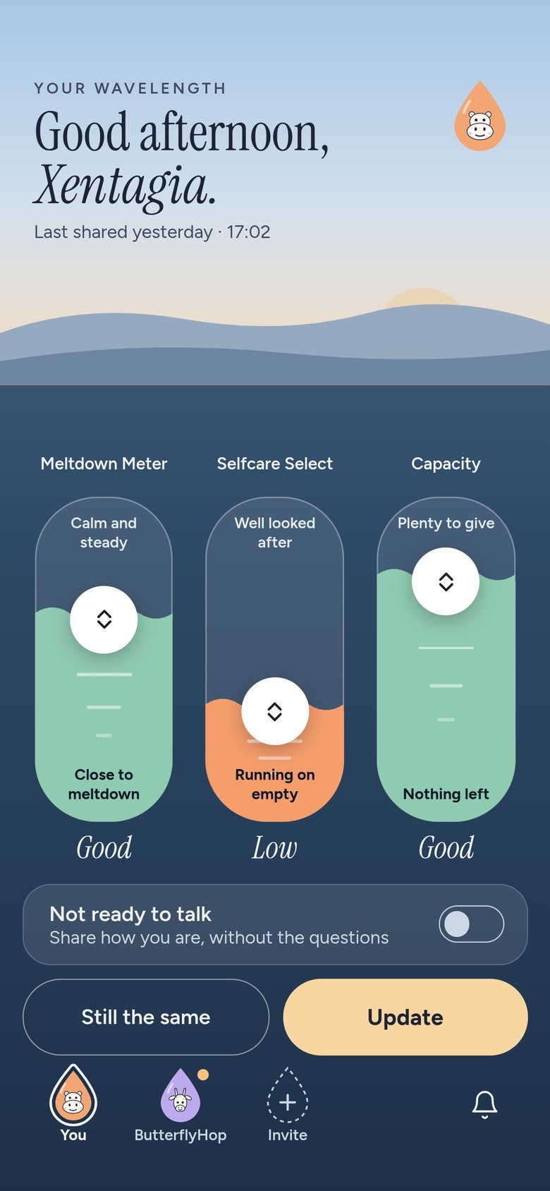 The WaveLength home screen with three meters